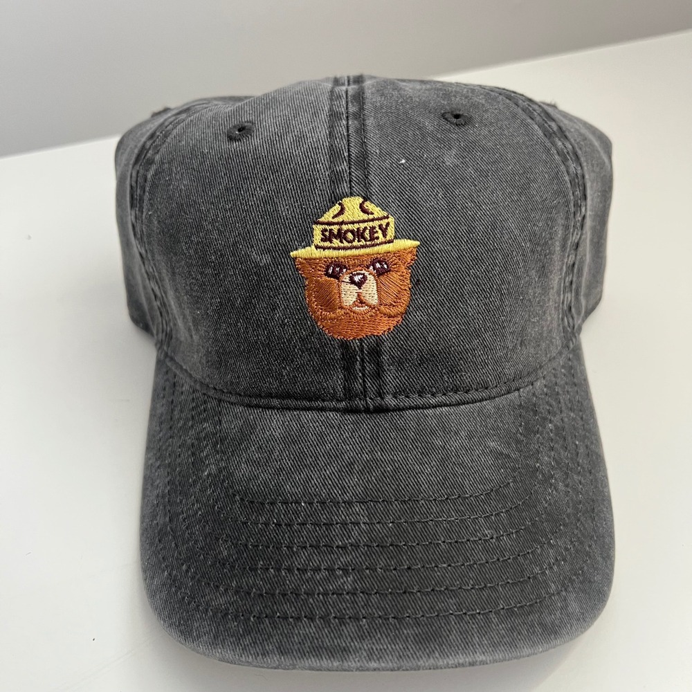 Smokey Bear Official Licensed Washed Black Embroidered Dad Hat Baseball Cap NWT